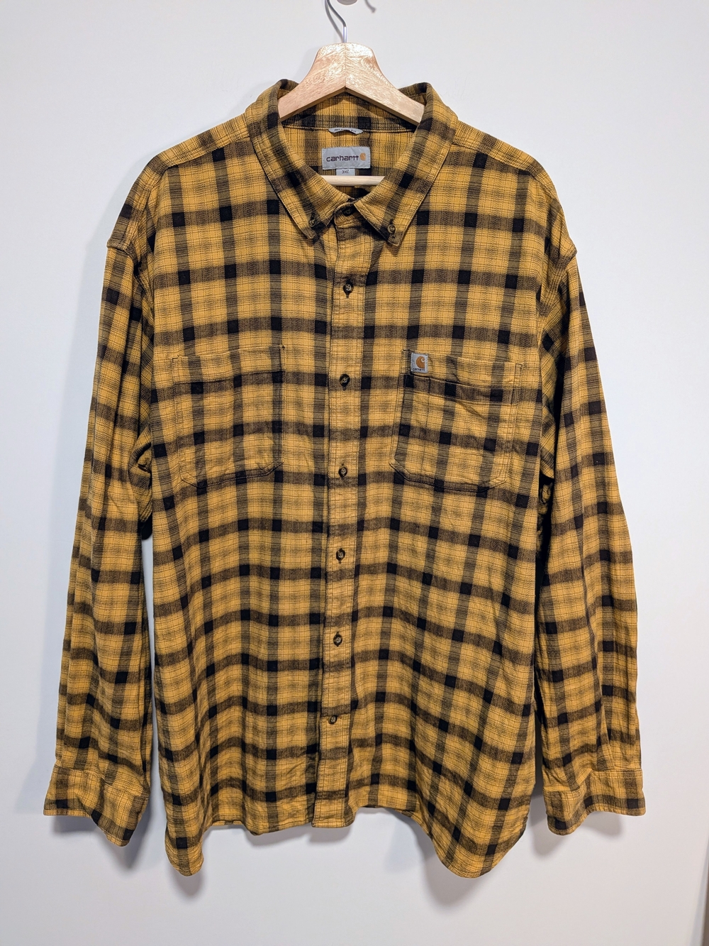 Carhartt Men’s Yellow and Black Plaid Button-Down Shirt